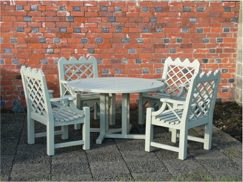 Hadham Round Pedestal Table and Indian Lattice Armchairs Round Table - pedestal Style, and Indian Lattice Armchairs painted malachite green